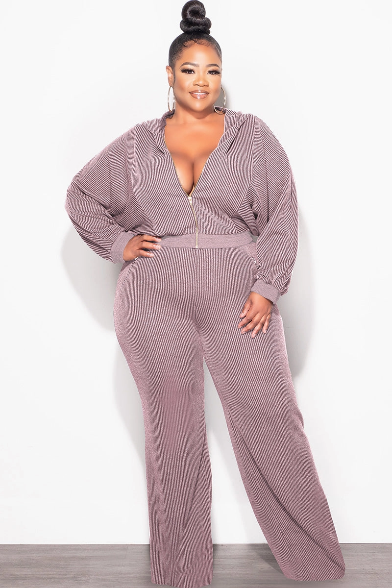 Final Sale Plus Size Plush Ribbed 2pc Hooded Zip-Up Jacket and Pants Set in Lavender Easy Flex Design