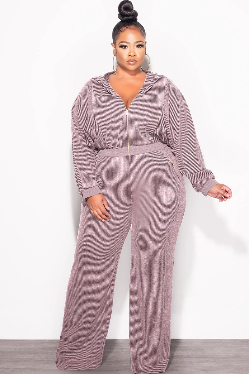 Full Flex Final Sale Plus Size Plush Ribbed 2pc Hooded Zip-Up Jacket and Pants Set in Lavender