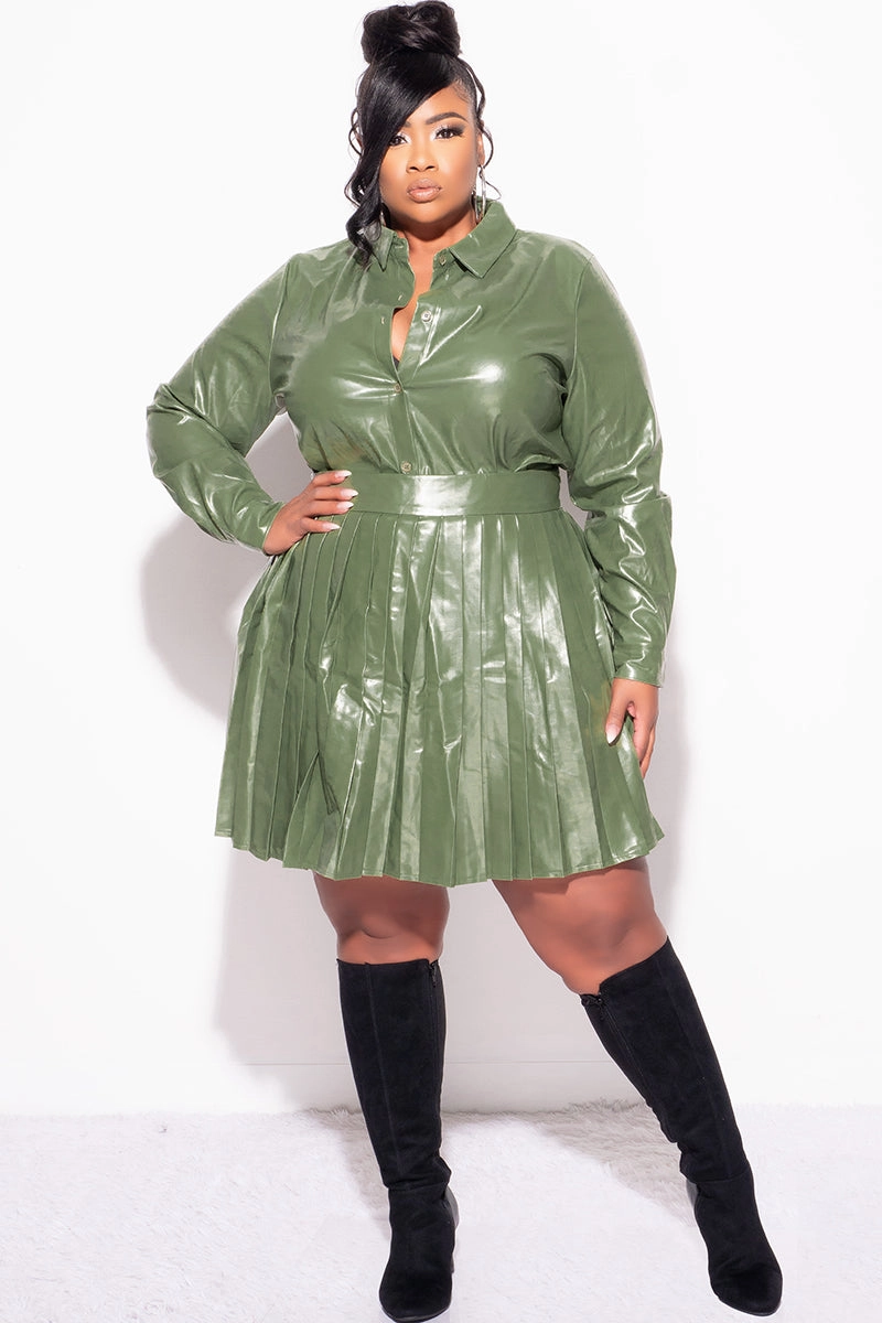 Final Sale Plus Size 2Pc Set Button Up Top With Pleated Skirt in Olive Casual Comfort Breathable wear