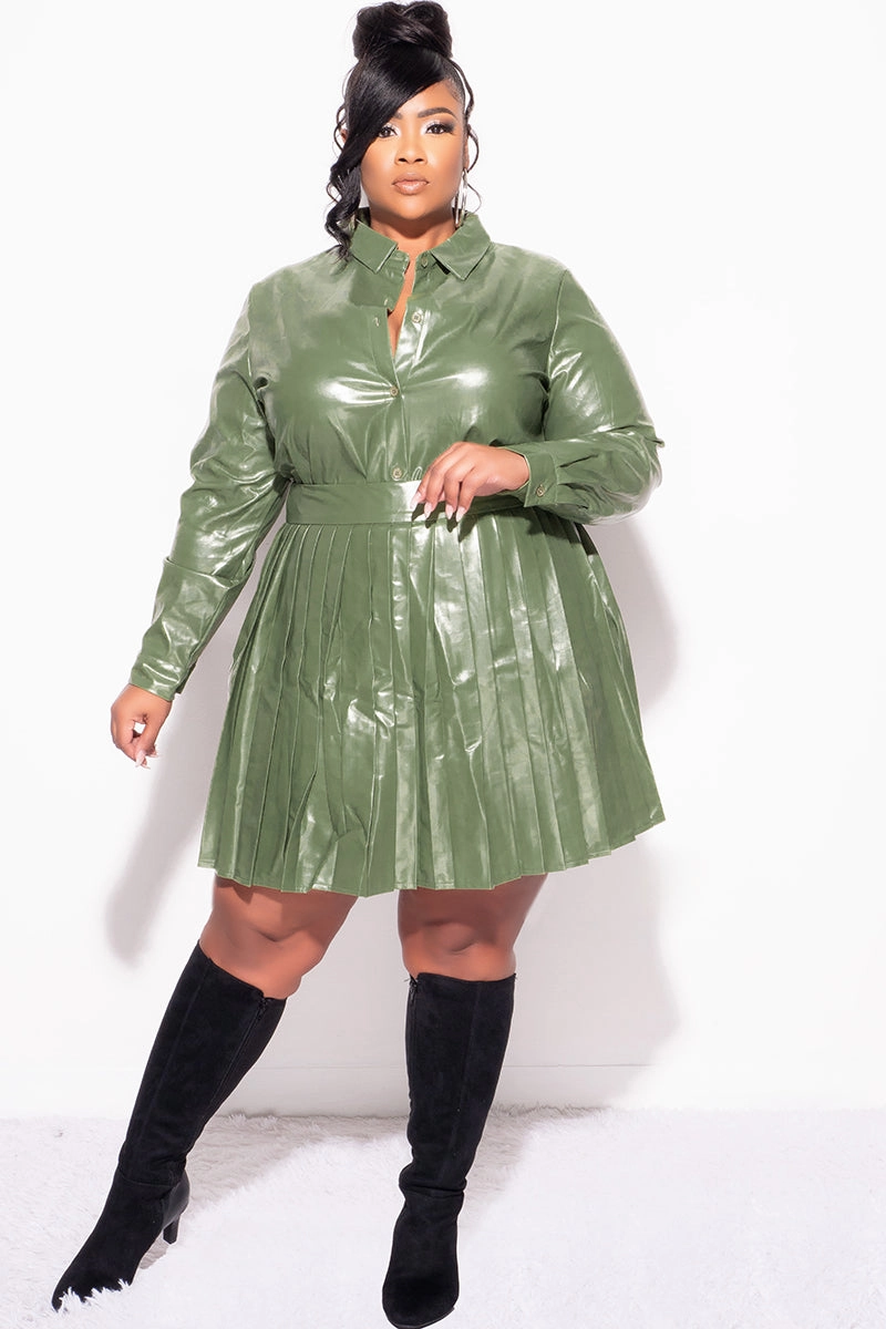 Final Sale Plus Size 2Pc Set Button Up Top With Pleated Skirt in Olive Abrasion Resistant Surface Day Comfort