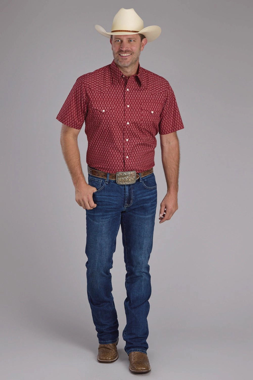 Non Restrictive Fit Roper Mens Geo Print Red 100% Cotton S/S Shirt