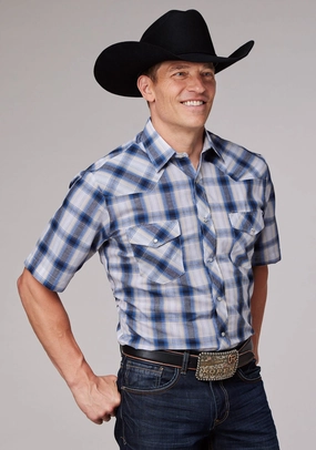 Anti Pill Technology Roper Mens 2060 Plaid Navy/Cream Cotton Blend S/S Shirt