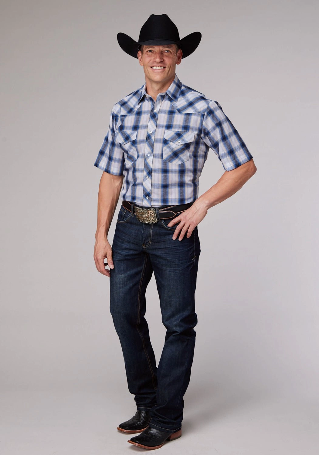 Roper Mens 2060 Plaid Navy/Cream Cotton Blend S/S Shirt Tall Length