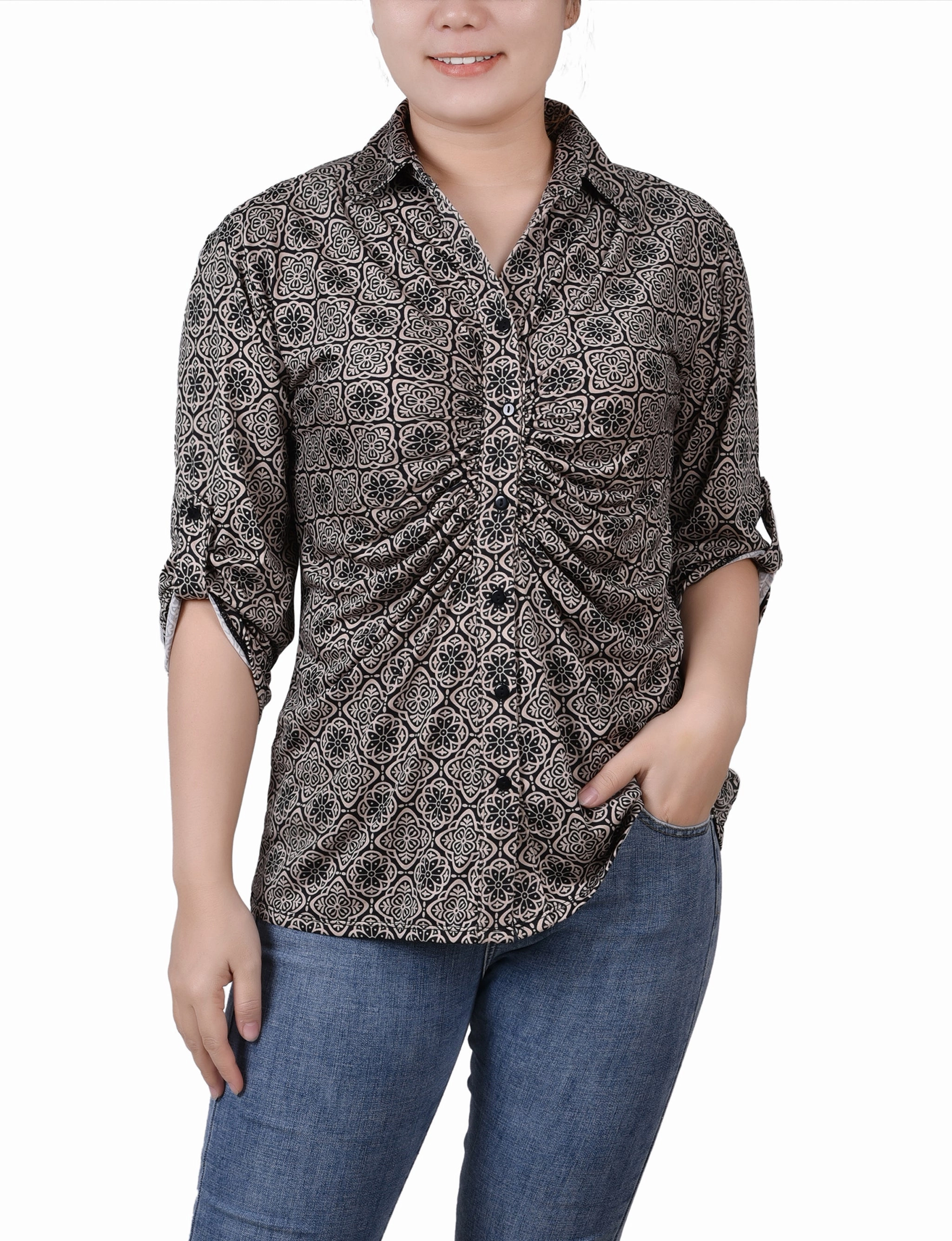 Petite 3/4 Roll Tab Rouched-Front Top Ribbed Neckline