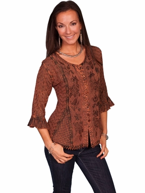 Urban Fashion Reinforced Seams Scully Honey Creek Womens Blouse Copper 100% Rayon Embroidered 3/4 Sleeve