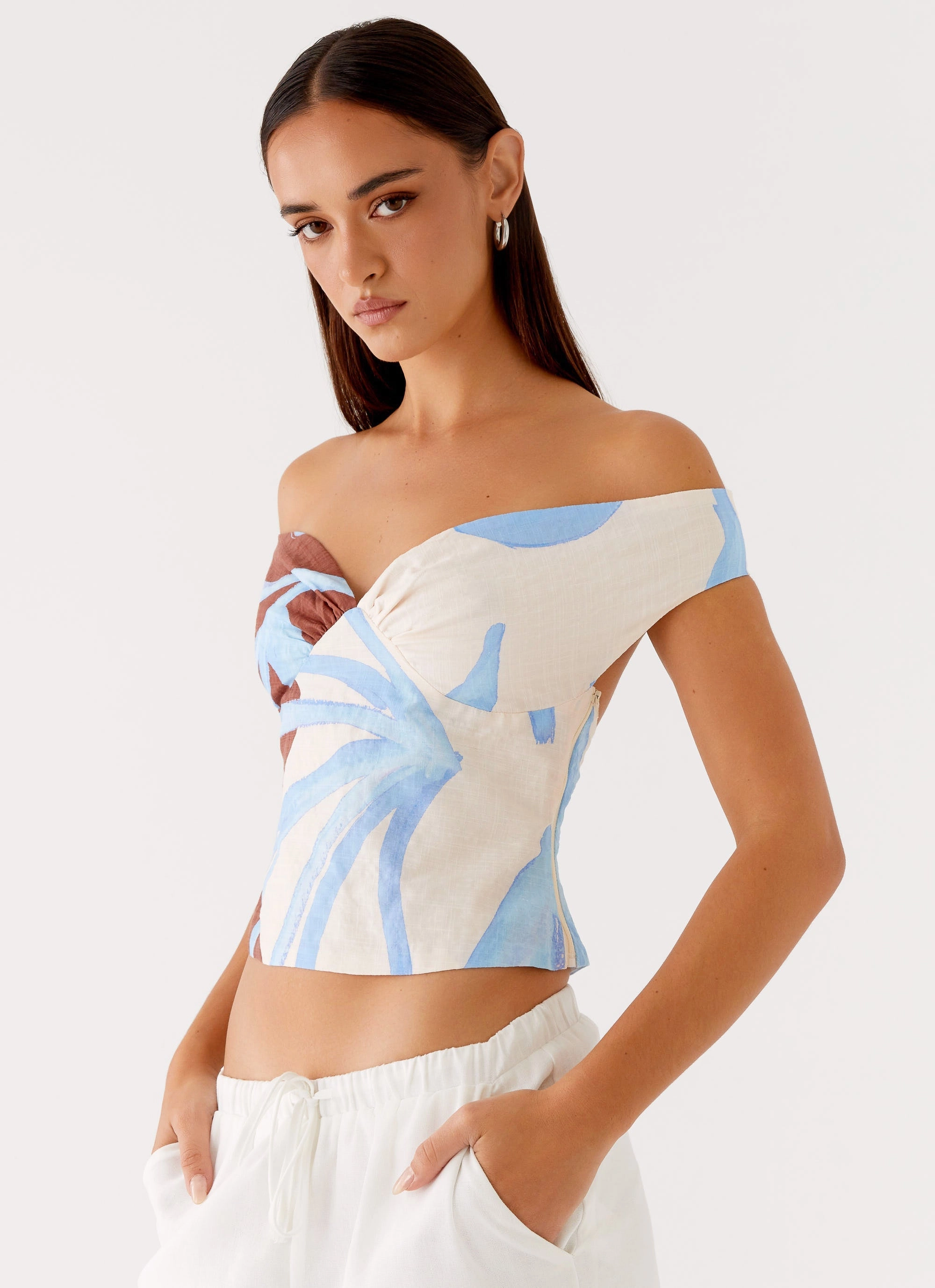 Ozella Off Shoulder Top - Bloom Wave Print Ventilation Panel Minimalist Design
