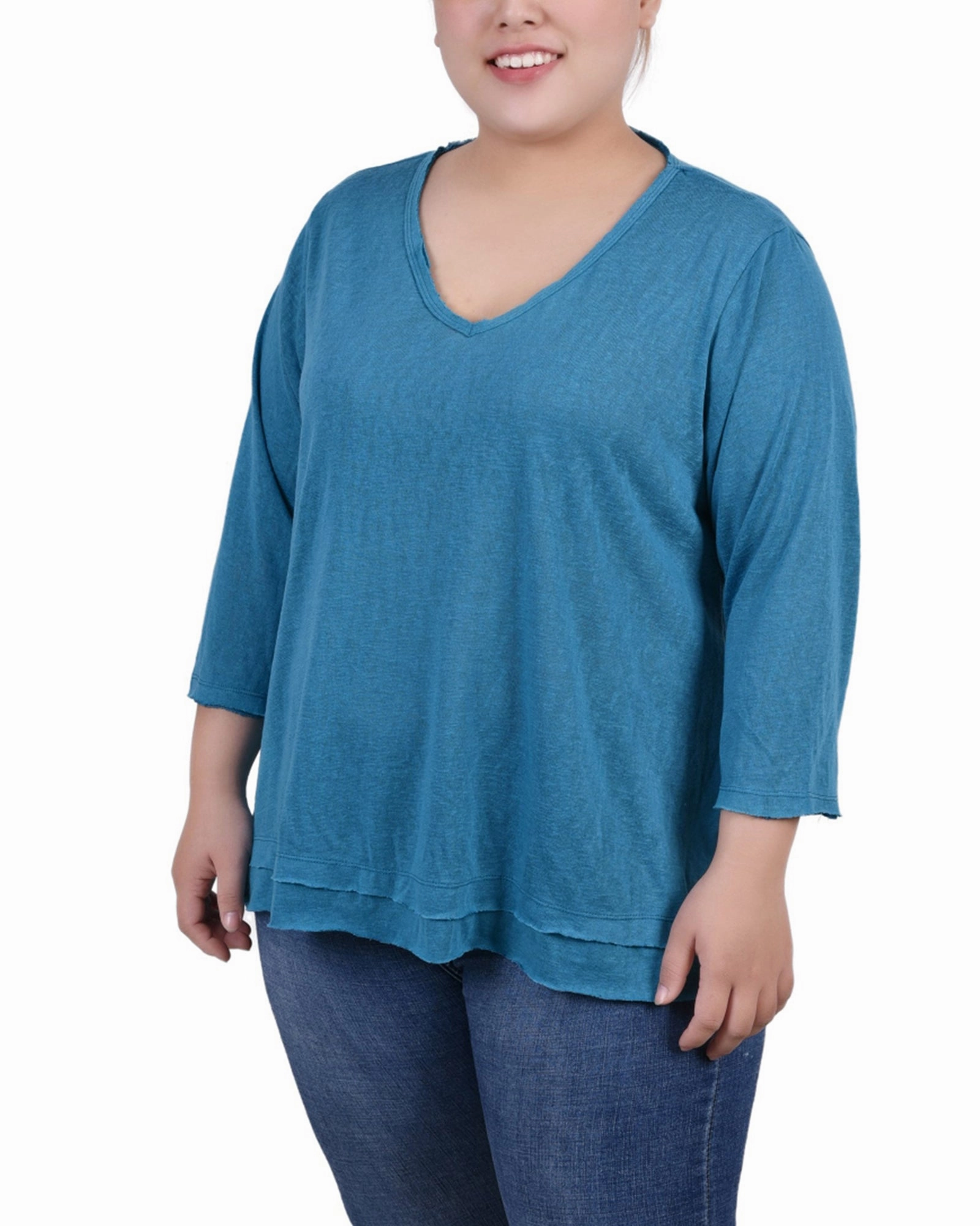Breathable Microfiber Plus Size 3/4 Sleeve V Neck Top