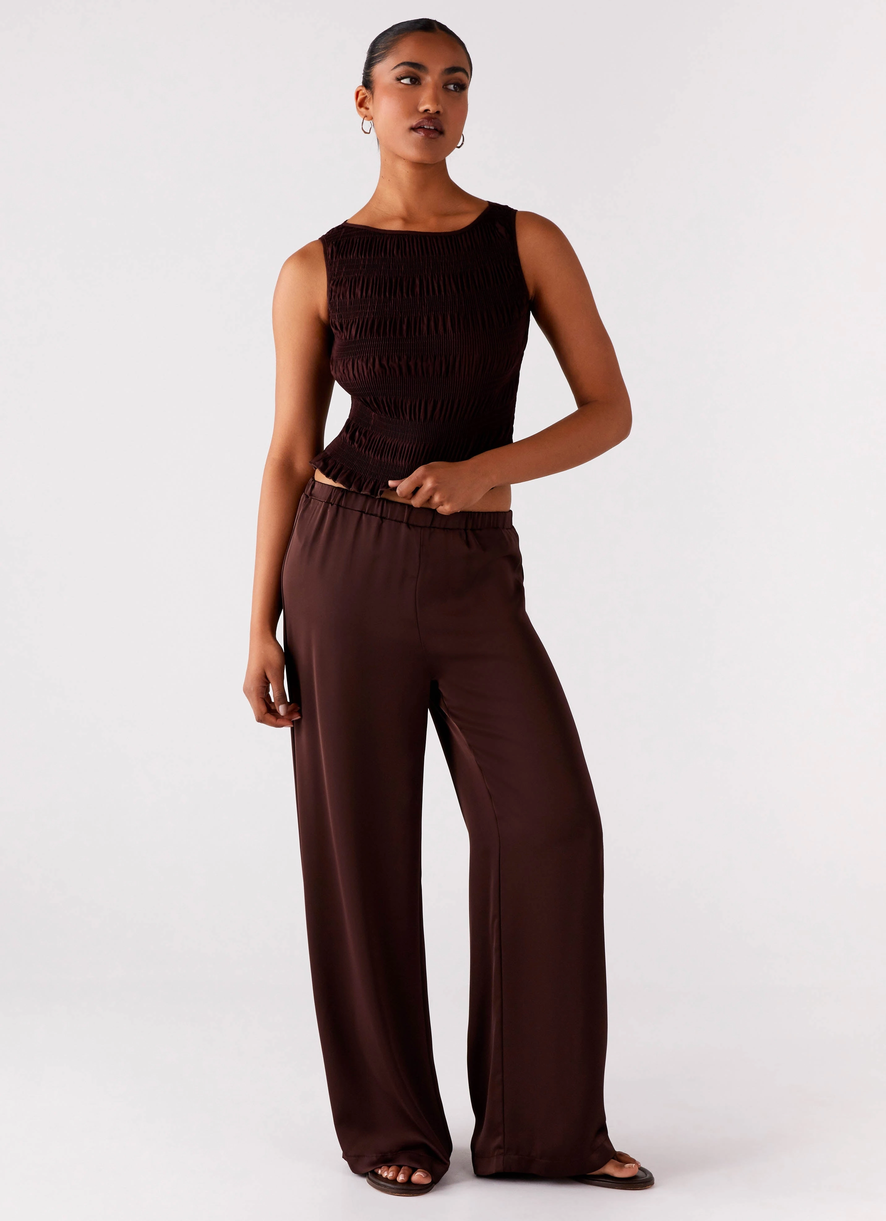 Palm Cove Satin Pants - Chocolate Smart Texture Twist Knot Details