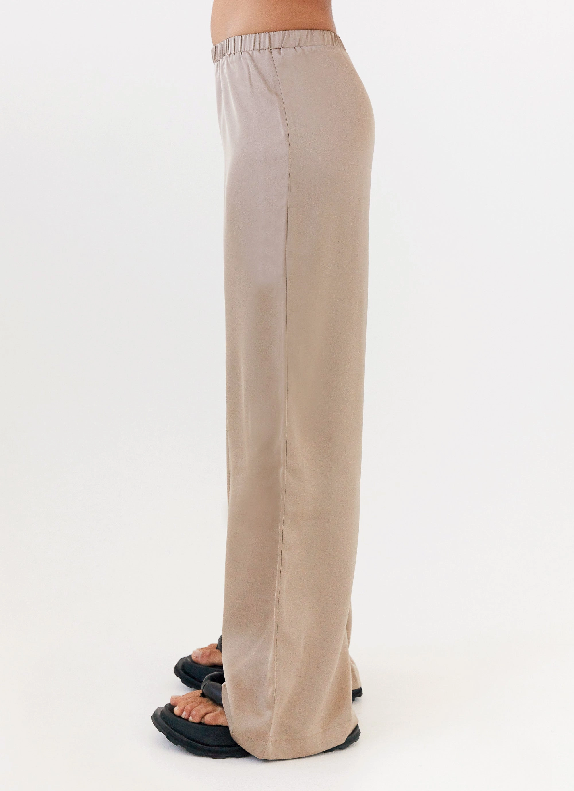 Low Maintenance Fabric Palm Cove Satin Pants - Mushroom Pleated design