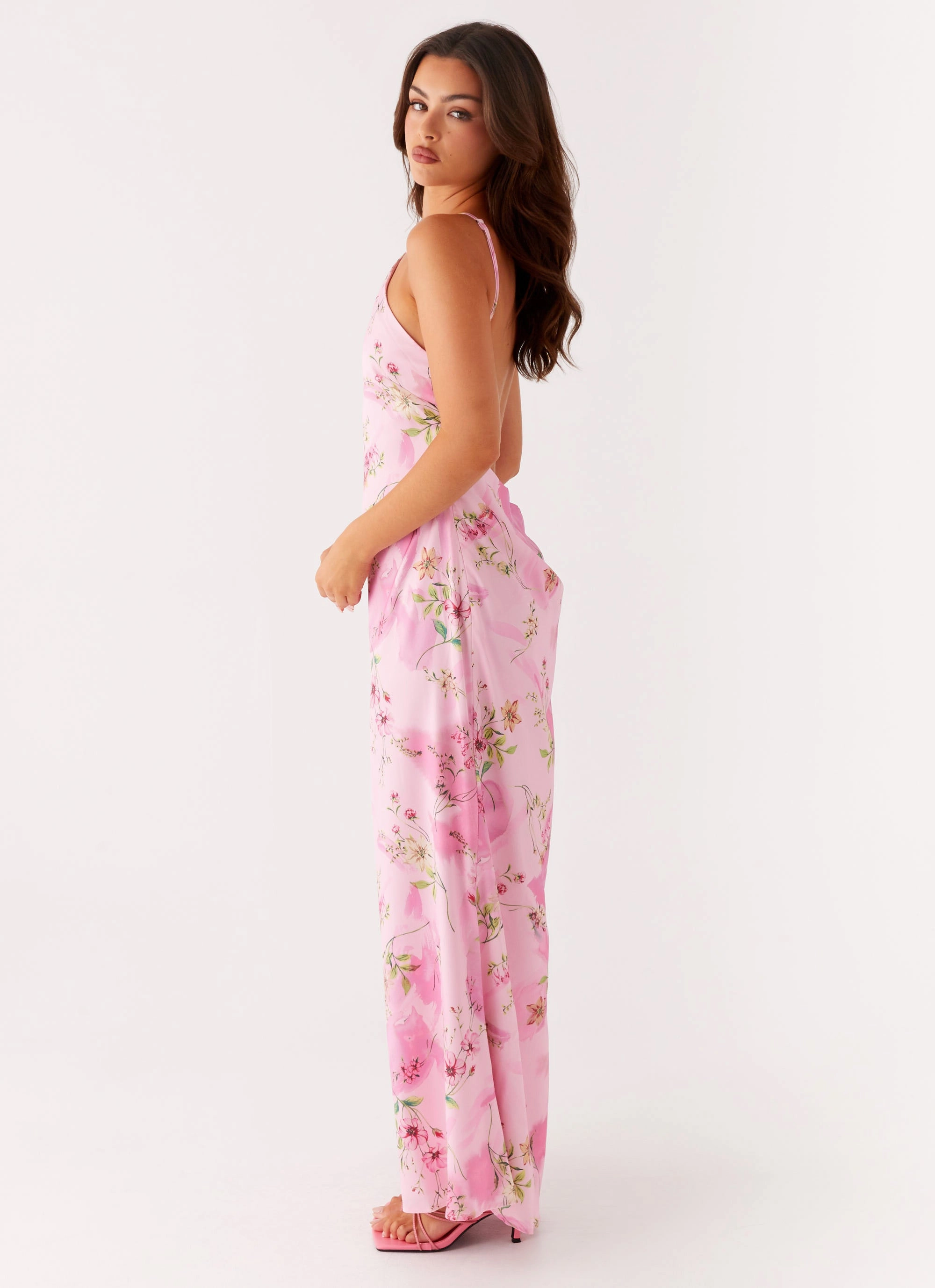 Pascal Maxi Dress - Pink Floral Print Peplum-Style