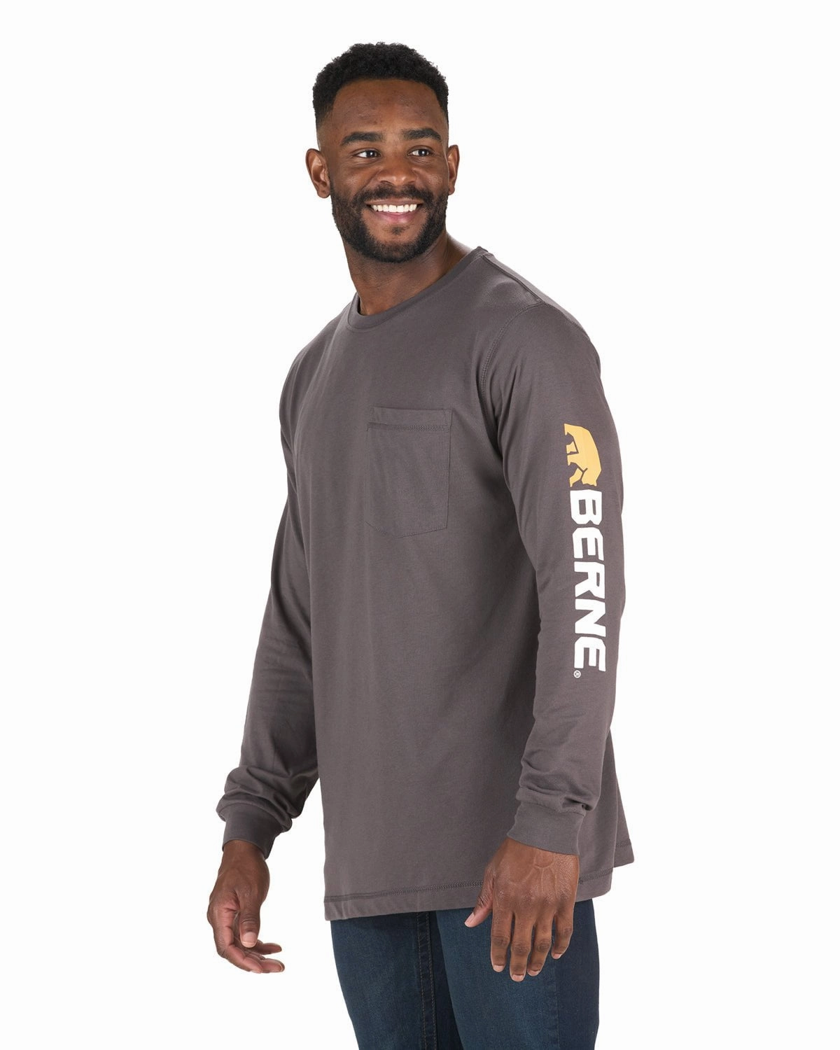 Berne Mens Signature Performance Slate Cotton Blend L/S T-Shirt skinny but not tight