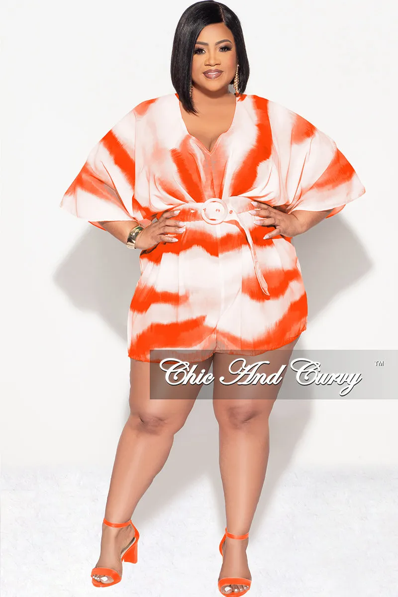 Stretch Waist tech fabric Final Sale Plus Size Chiffon Romper with Belt in Orange Print