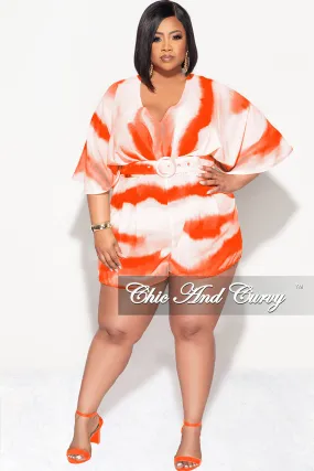 Final Sale Plus Size Chiffon Romper with Belt in Orange Print tech fabric
