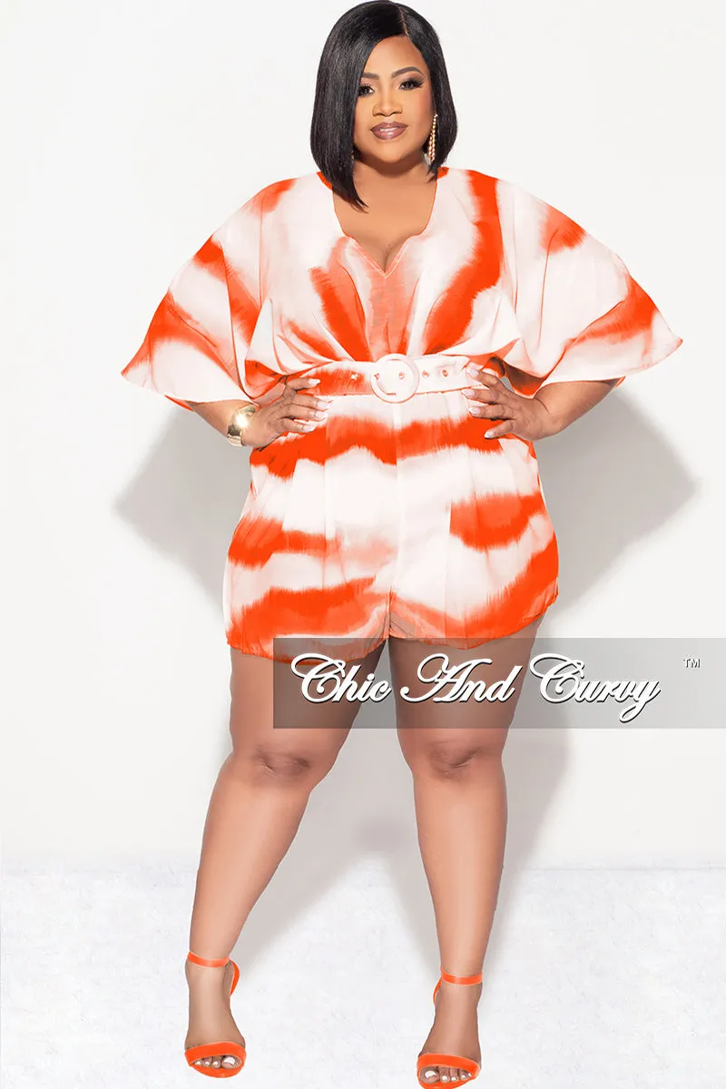 Final Sale Plus Size Chiffon Romper with Belt in Orange Print Easy Wear Flattering Design Wear