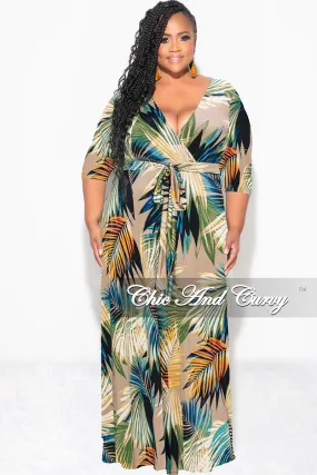 Easy Pack Final Sale Plus Size Faux Wrap Dress in Mocha Palm Print