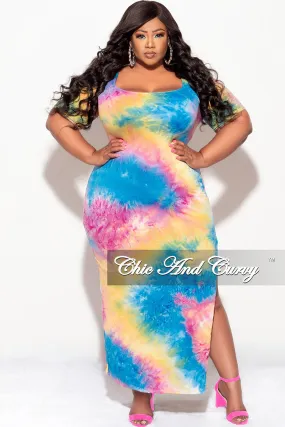 Final Sale Plus Size Bodycon Dress with Side Slit in Rainbow Cloud Tie Dye Print No Pinch