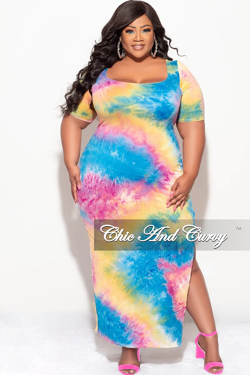 Final Sale Plus Size Bodycon Dress with Side Slit in Rainbow Cloud Tie Dye Print Quick Movement Wear