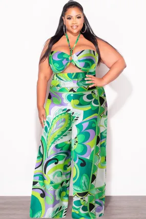 Final Sale Plus Size 2pc Satin Halter Bra Top and Palazzo Pants in Multi Color Green Design Print Chilly Day Comfort