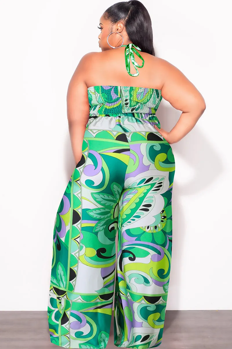 Final Sale Plus Size 2pc Satin Halter Bra Top and Palazzo Pants in Multi Color Green Design Print Essential Wear Outdoor Friendly