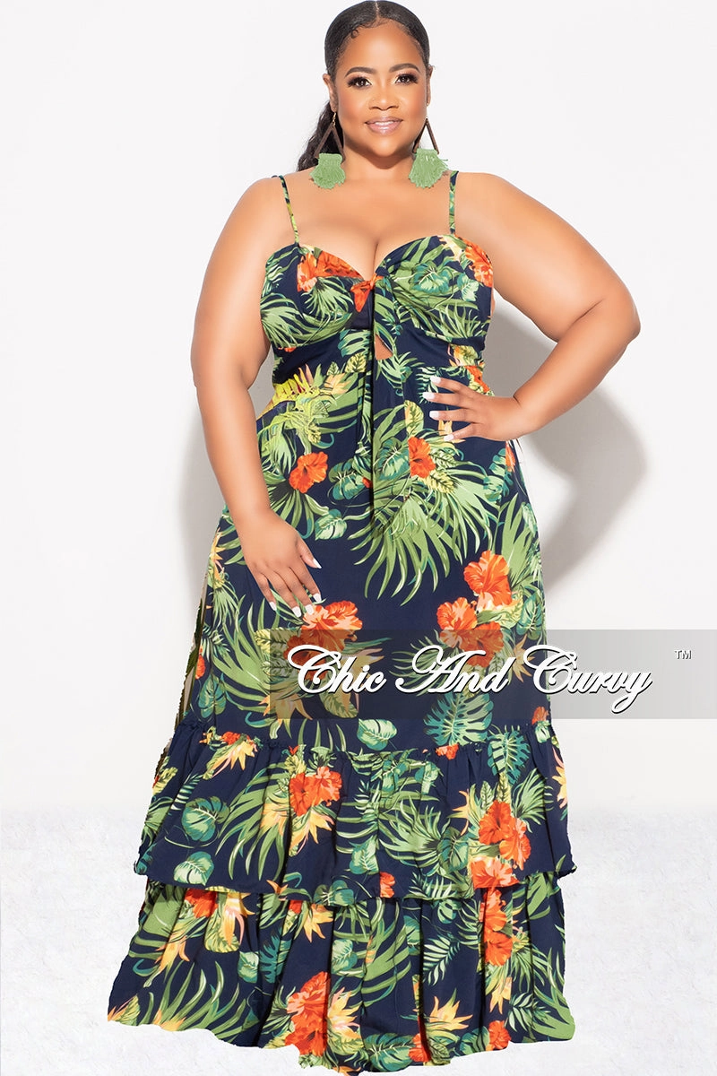 Final Sale Plus Size Tank Maxi Dress in Chiffon in Navy, Green & Orange Print Summer Breathable activewear