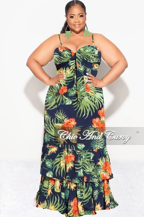Final Sale Plus Size Tank Maxi Dress in Chiffon in Navy, Green & Orange Print Summer Tagless Labeling Street Inspired
