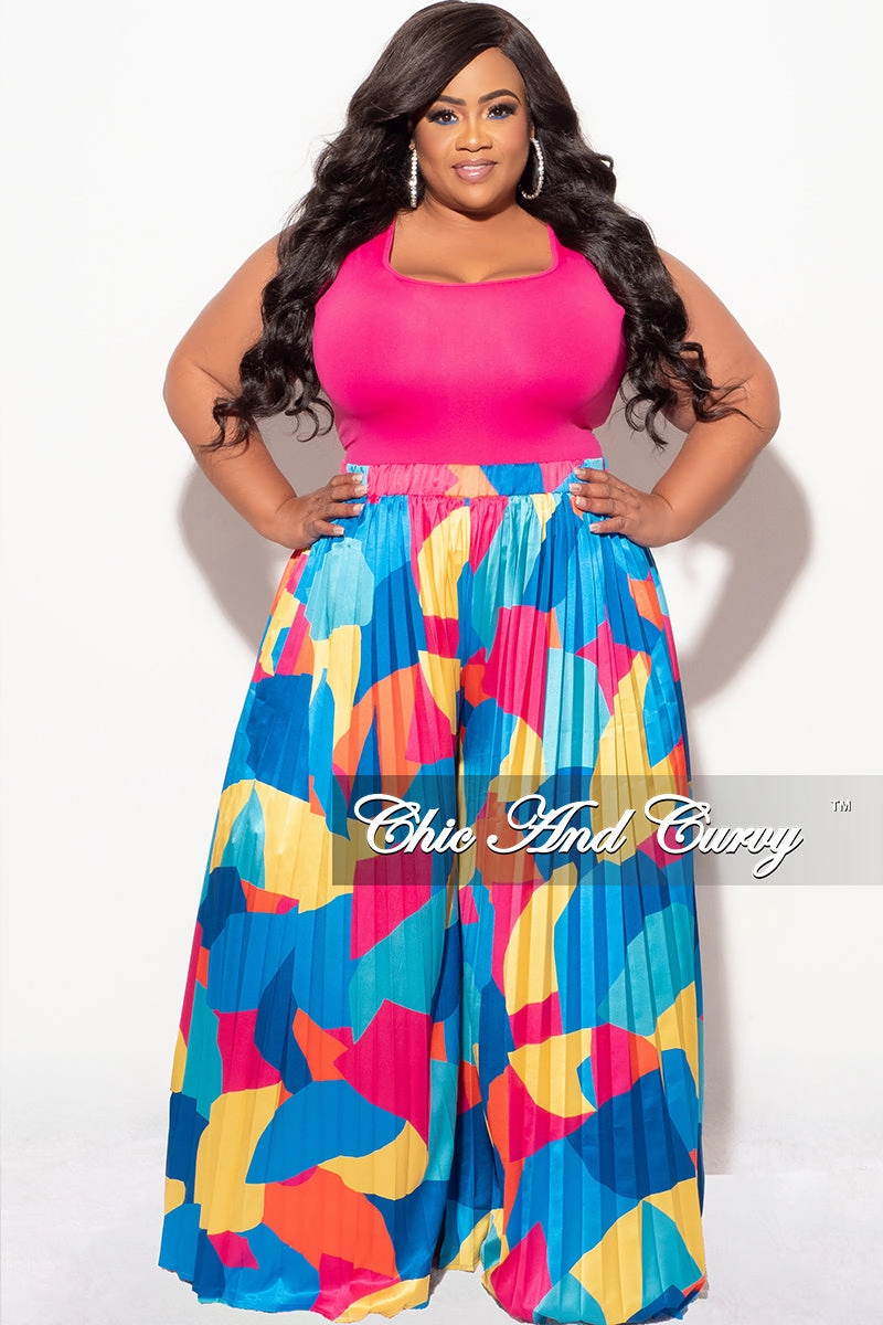 Final Sale Plus Size Satin Palazzo Pleated Pants in Royal Blue Multi Color Design Print Durable Twill