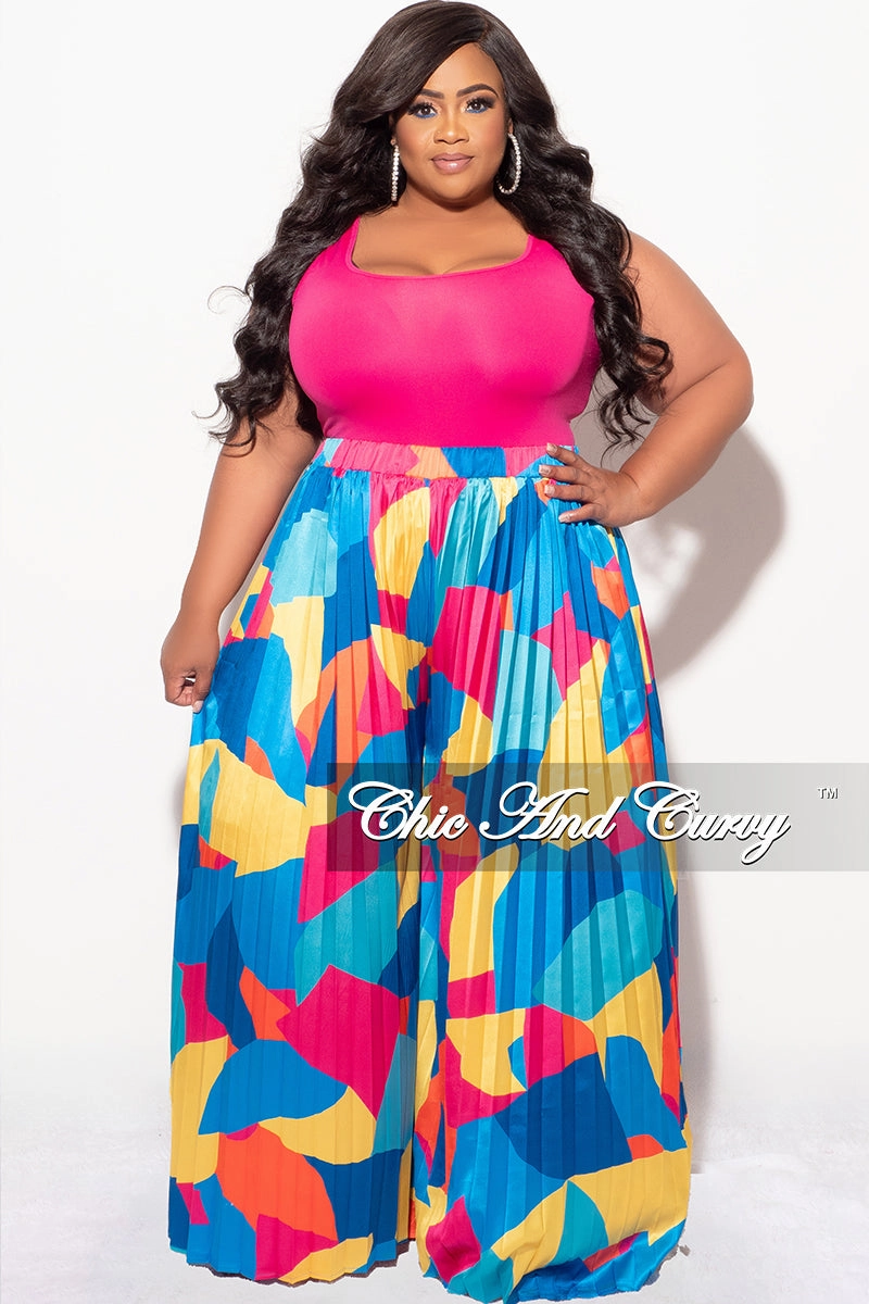 Final Sale Plus Size Satin Palazzo Pleated Pants in Royal Blue Multi Color Design Print Comfort Fit Wear Sport Ready