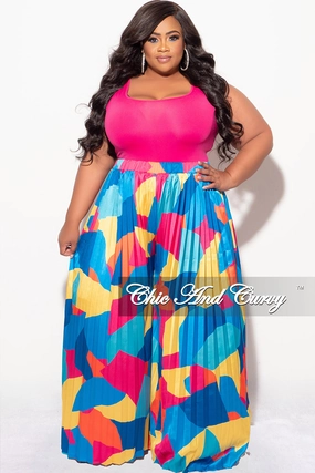 Final Sale Plus Size Satin Palazzo Pleated Pants in Royal Blue Multi Color Design Print Comfort Fit Wear Sport Ready