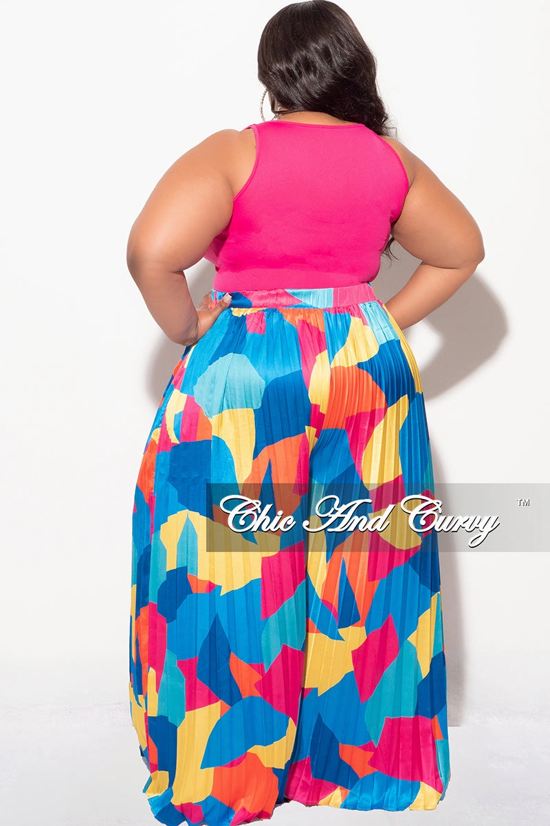 Final Sale Plus Size Satin Palazzo Pleated Pants in Royal Blue Multi Color Design Print Ultra Soft Blend Layered Comfort