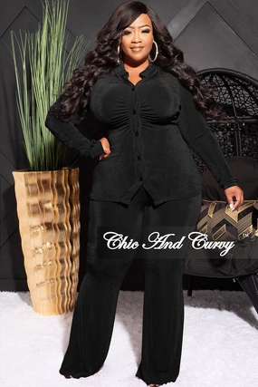 Final Sale Plus Size 2pc Slinky Button Up Collar Top and Pants Set in Black Erasable Logo Patch
