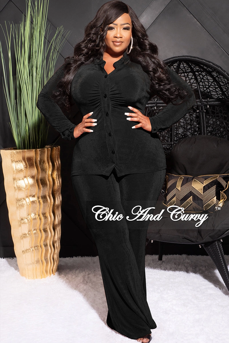 City Wear Comfortable Look Wear Final Sale Plus Size 2pc Slinky Button Up Collar Top and Pants Set in Black