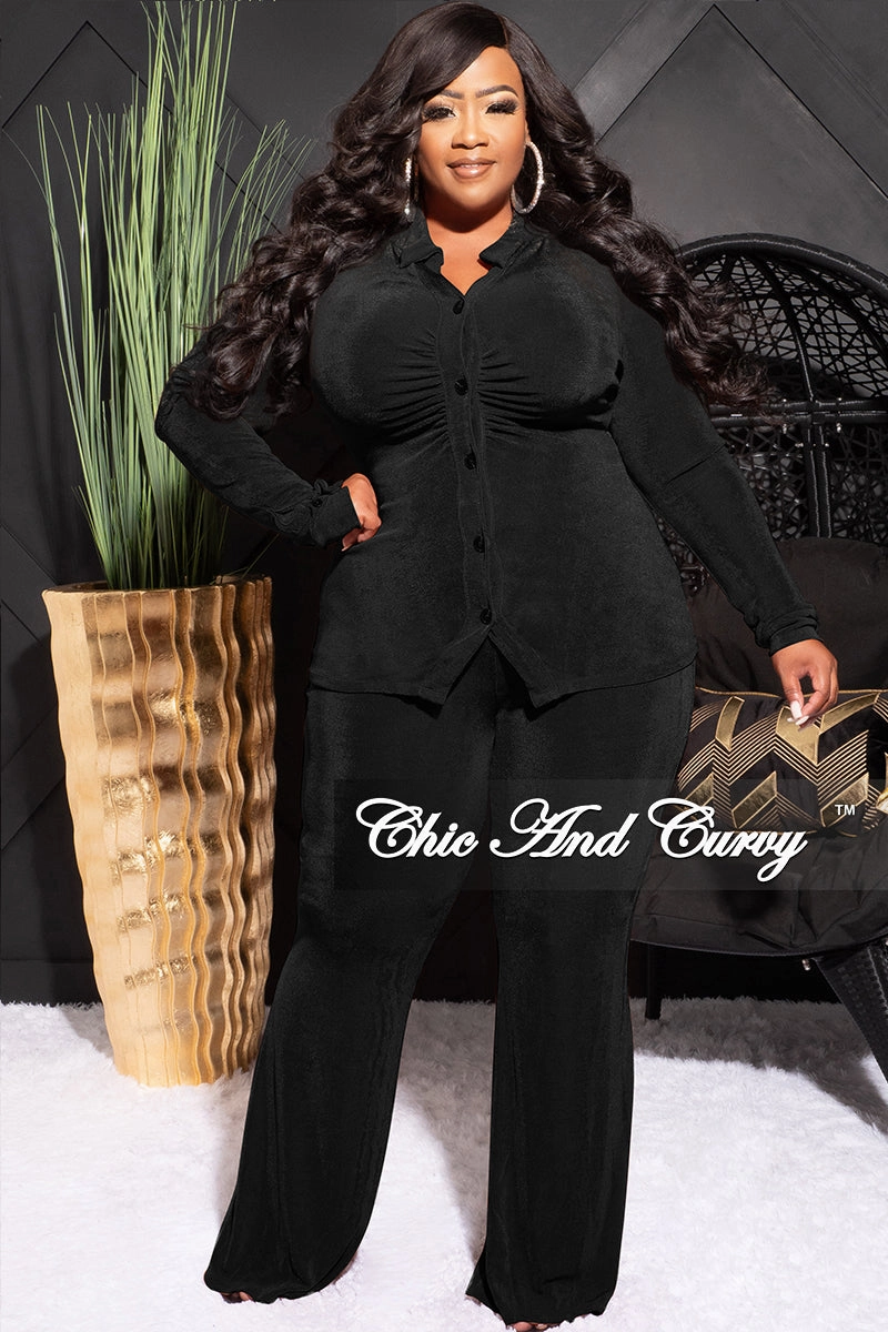 Final Sale Plus Size 2pc Slinky Button Up Collar Top and Pants Set in Black Erasable Logo Patch