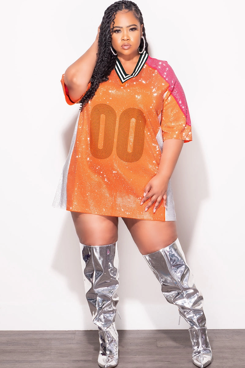 Sporty Function Final Sale Plus Size Stone Covered Jersey Oversized Dress Forest Green & White Collar in Orange, Pink and White