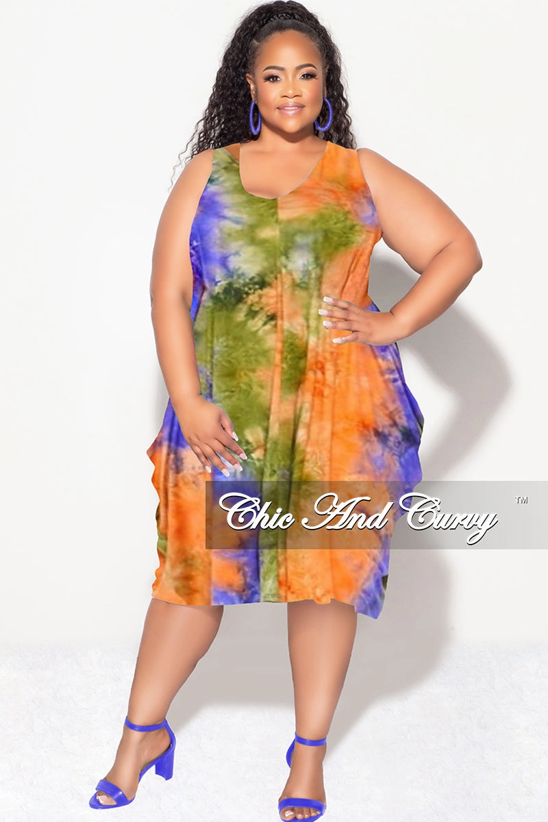 Final Sale Plus Size Sleeveless Bubble Dress in Olive Orange and Purple Tie Dye Chilly Weather Wear