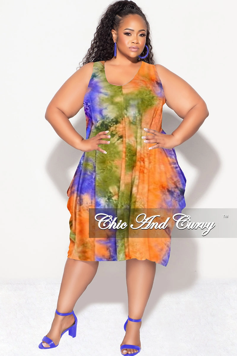 Sweat Resistant Flat Lock Seams Final Sale Plus Size Sleeveless Bubble Dress in Olive Orange and Purple Tie Dye