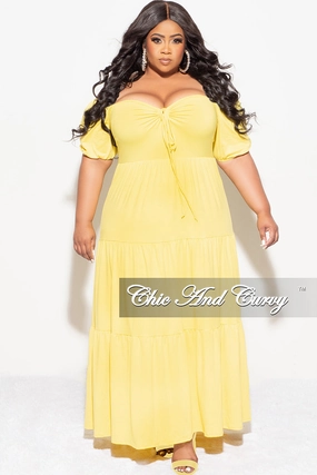 Quality Fabric Final Sale Plus Size Short Sleeve Tiered Maxi Dress in Yellow