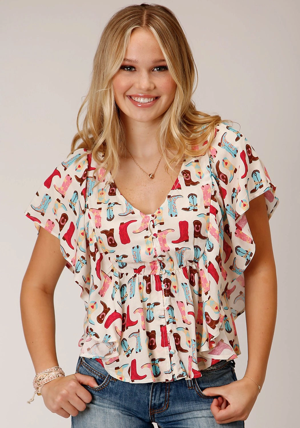 Roper Womens Boot Print Multi-Color 100% Rayon S/S Blouse birthday celebration Wrinkle Resistant Material