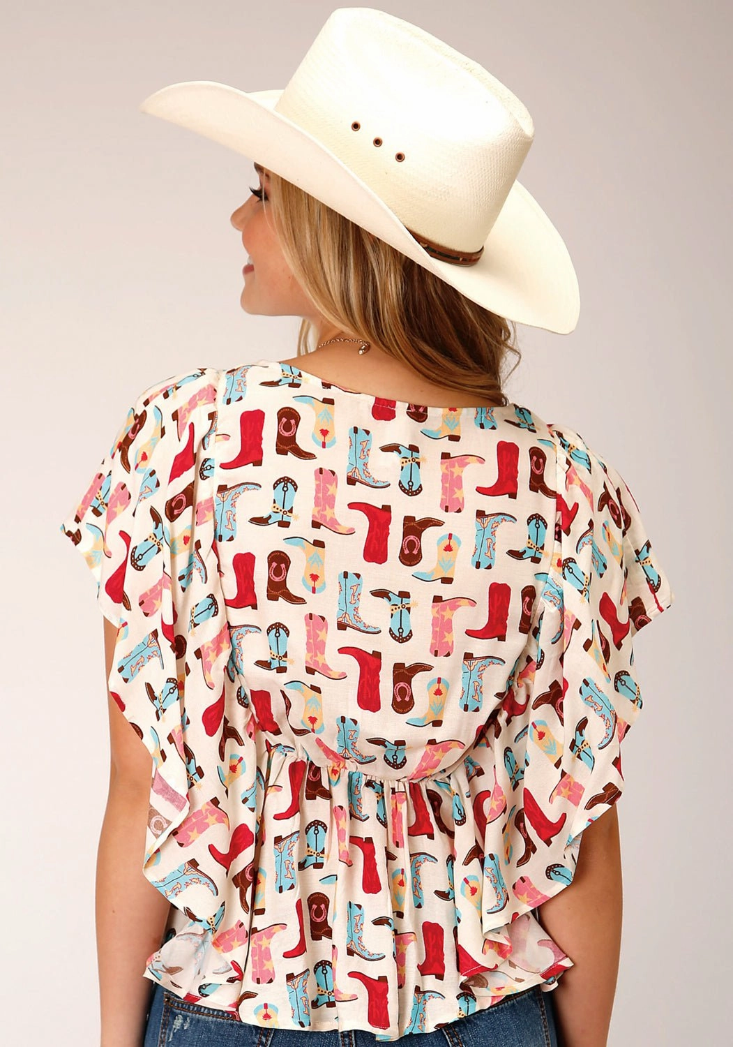 Button-up Creative Professional Roper Womens Boot Print Multi-Color 100% Rayon S/S Blouse