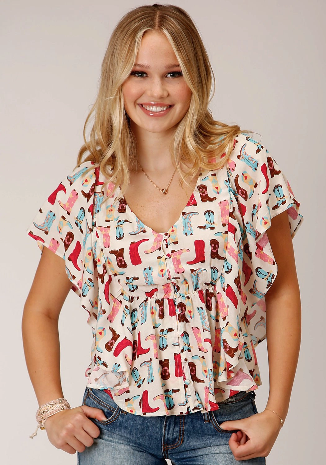 Roper Womens Boot Print Multi-Color 100% Rayon S/S Blouse Easy Care Material Reinforced Collar