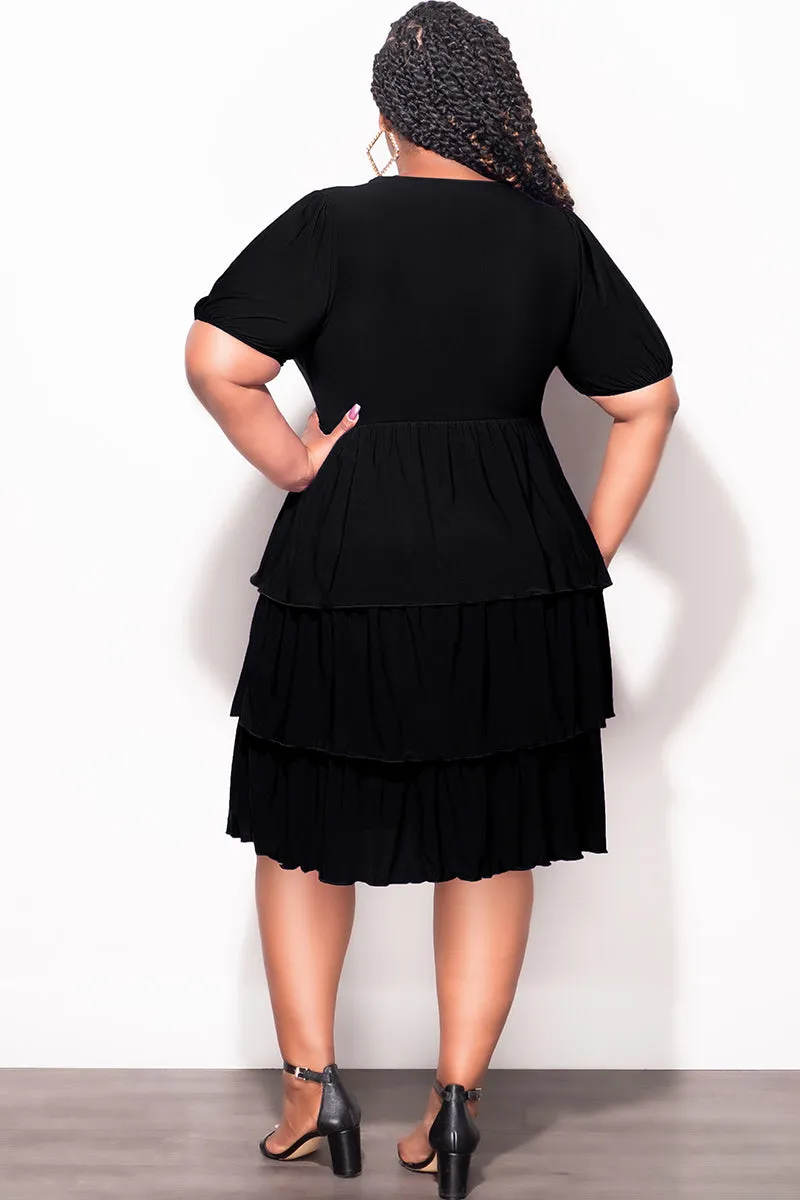 Final Sale Plus Size Faux Wrap Layered Ruffle Dress in Black Premium Look
