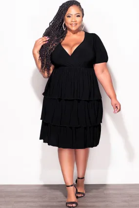 Final Sale Plus Size Faux Wrap Layered Ruffle Dress in Black Quick Wash Minimalist Fit