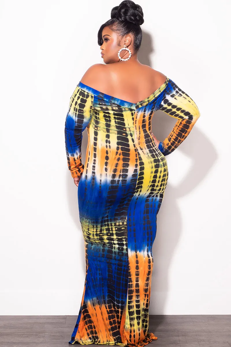 Lightweight Fabric Final Sale Plus Size Bodycon Maxi Dress in Royal Blue Tie Dye Print