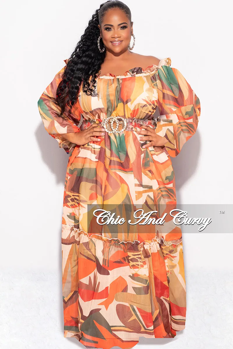 Final Sale Plus Size Off the Shoulder Chiffon Maxi Dress in Tan Multi Color Luxe Look