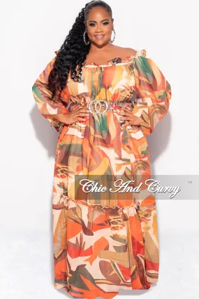 Easy Layer Final Sale Plus Size Off the Shoulder Chiffon Maxi Dress in Tan Multi Color