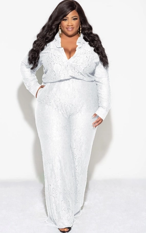 Breathable Weave Fabric Final Sale Plus Size 2pc Collar Button Up Top And Pants Set In Ivory