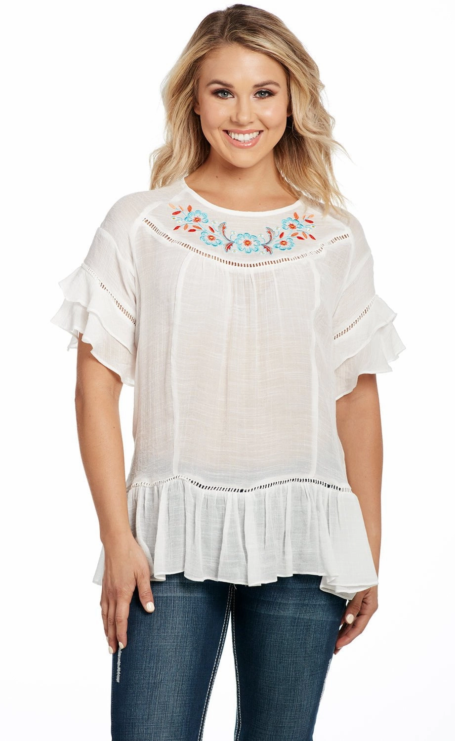 Cowgirl Up Womens White Rayon Two Tier Tunic S/S BBQ Party