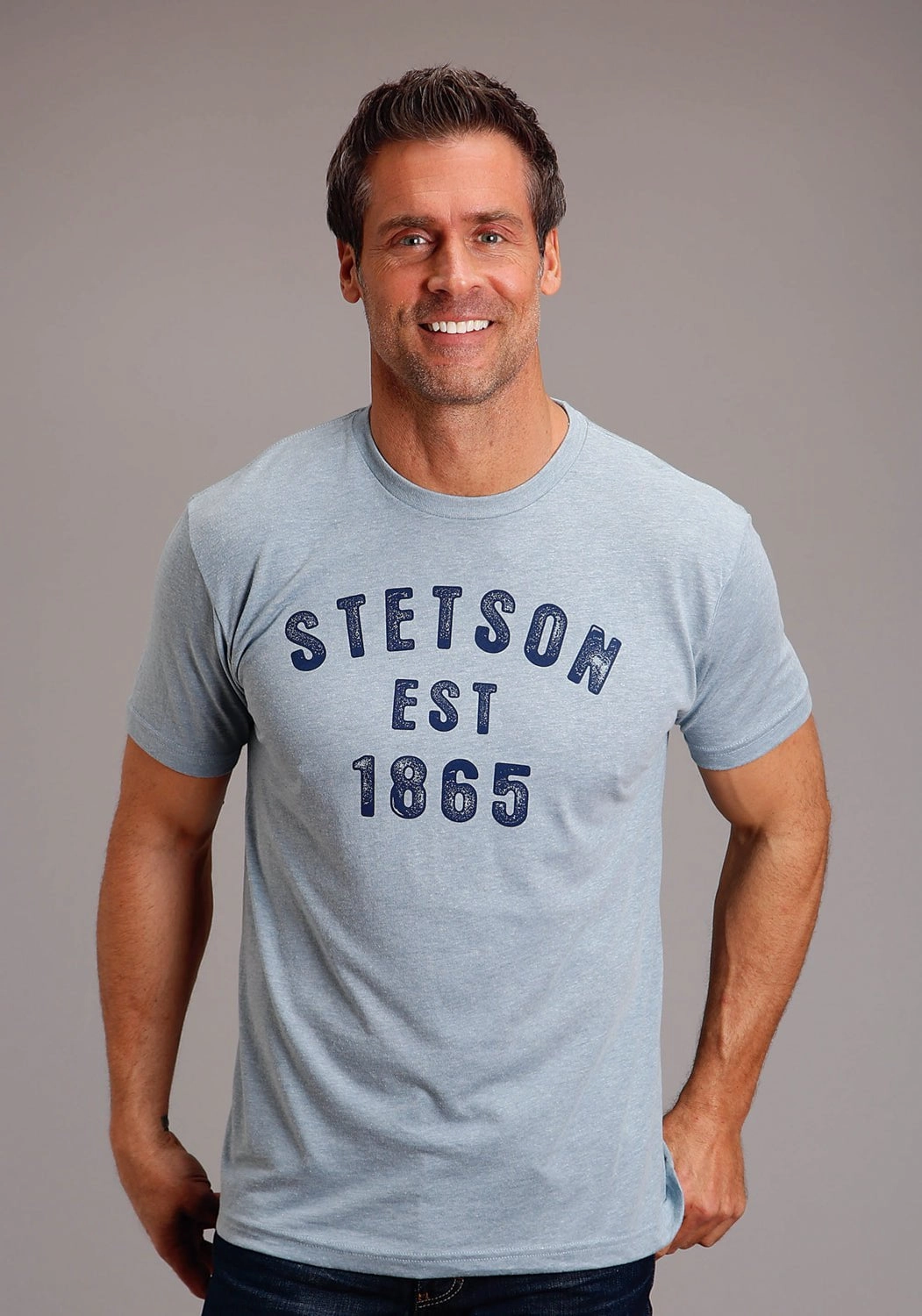 Stetson Mens Light Denim Cotton Blend Block Letters S/S T-Shirt Interview Ready Travel Essential
