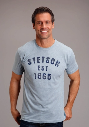 Stetson Mens Light Denim Cotton Blend Block Letters S/S T-Shirt Interview Ready Travel Essential