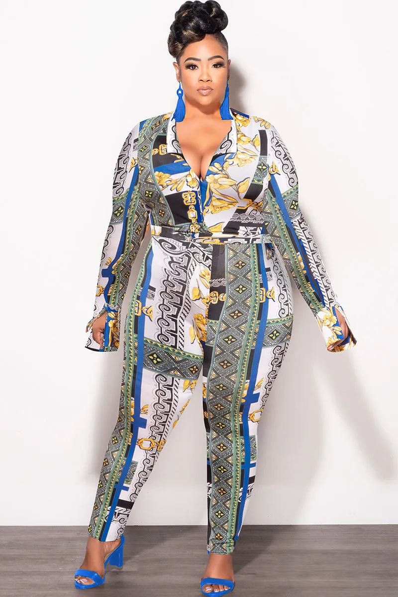 Final Sale Plus Size 2pc (Bodysuit & Pants) Set in Blue Gold Print Multi-Purpose Wear Breathable Base