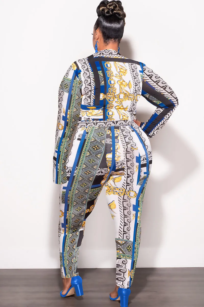 Final Sale Plus Size 2pc (Bodysuit & Pants) Set in Blue Gold Print Stretch Movement